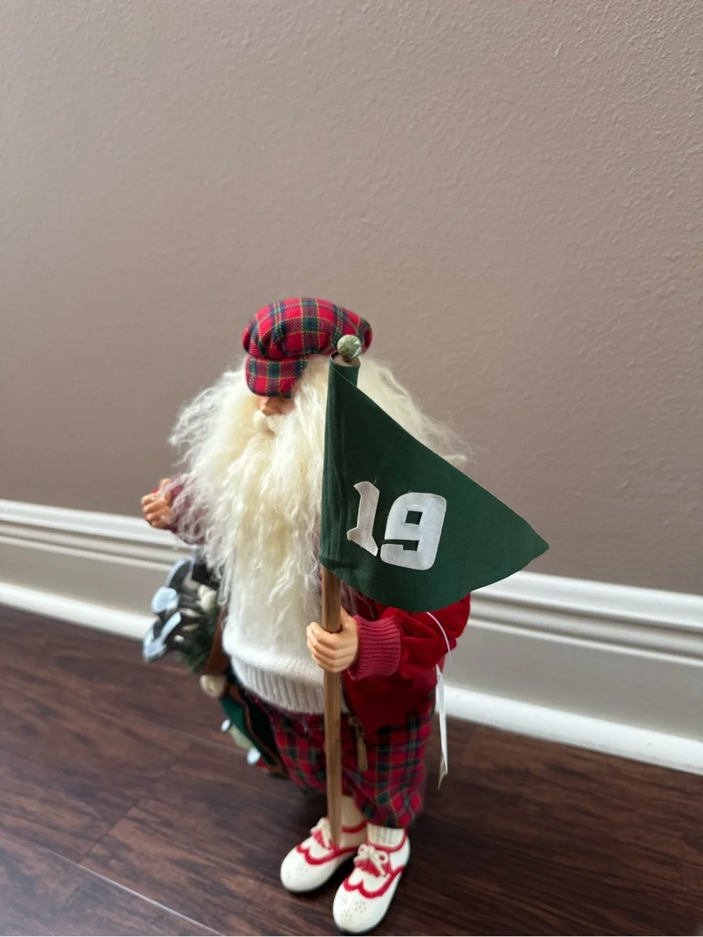 Festive Plaid Santa Golfer Holiday Figurine in Red and Green